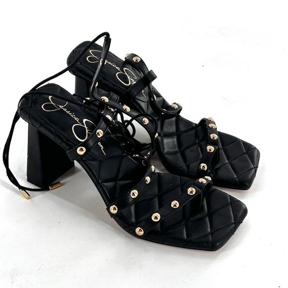 Jessica Simpson Zayve Heels 6 Black NWOT Sandals Gold Stud Square Toe Concert - Picture 7 of 10
